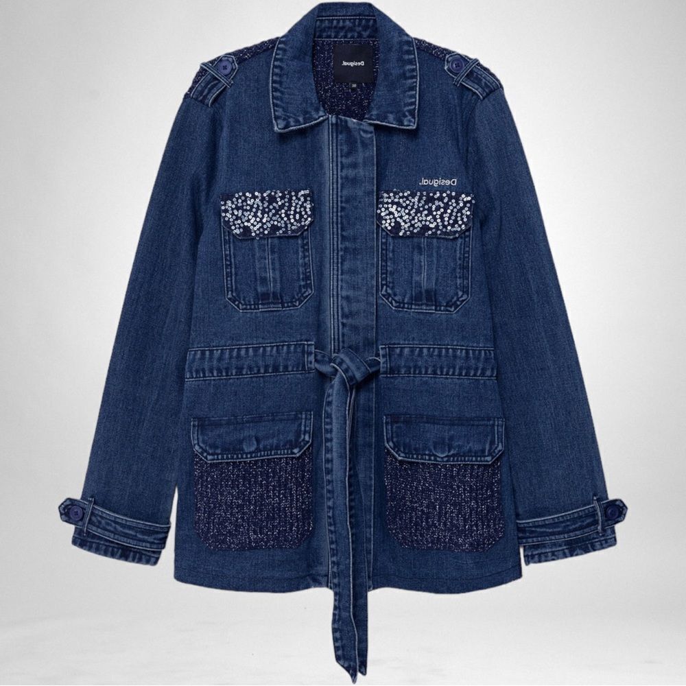 NWT DESIGUAL Mizuki Denim Sequin Belted Parka Jacket XL - Picture 9 of 16